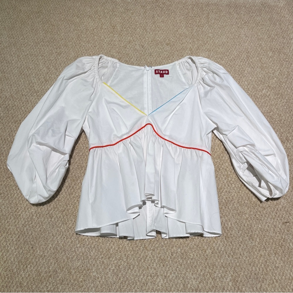 STAUD Women’s White Puff Sleeve Top with Colored Detailing